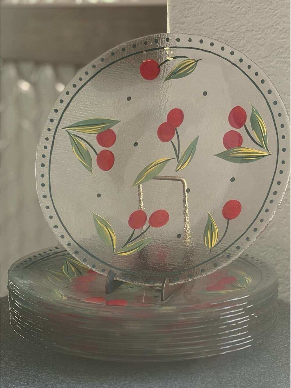 Vintage Arcoroc Cherry Plates – Textured Glass France Set of 6 Retro Fruit EUC